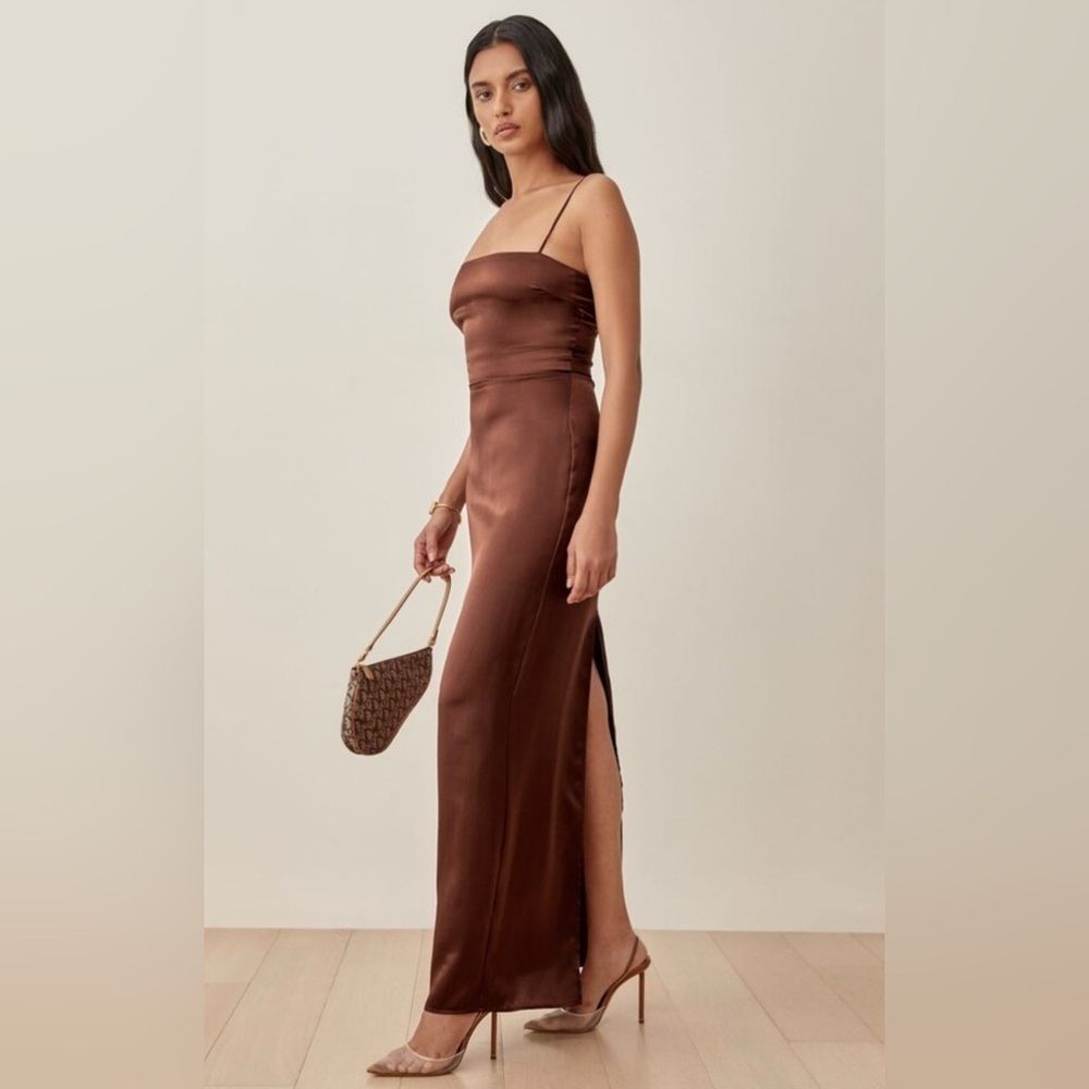 Reformation Frankie 100% Silk Maxi Slip Dress in Brown, Size 14 - Picture 2 of 16